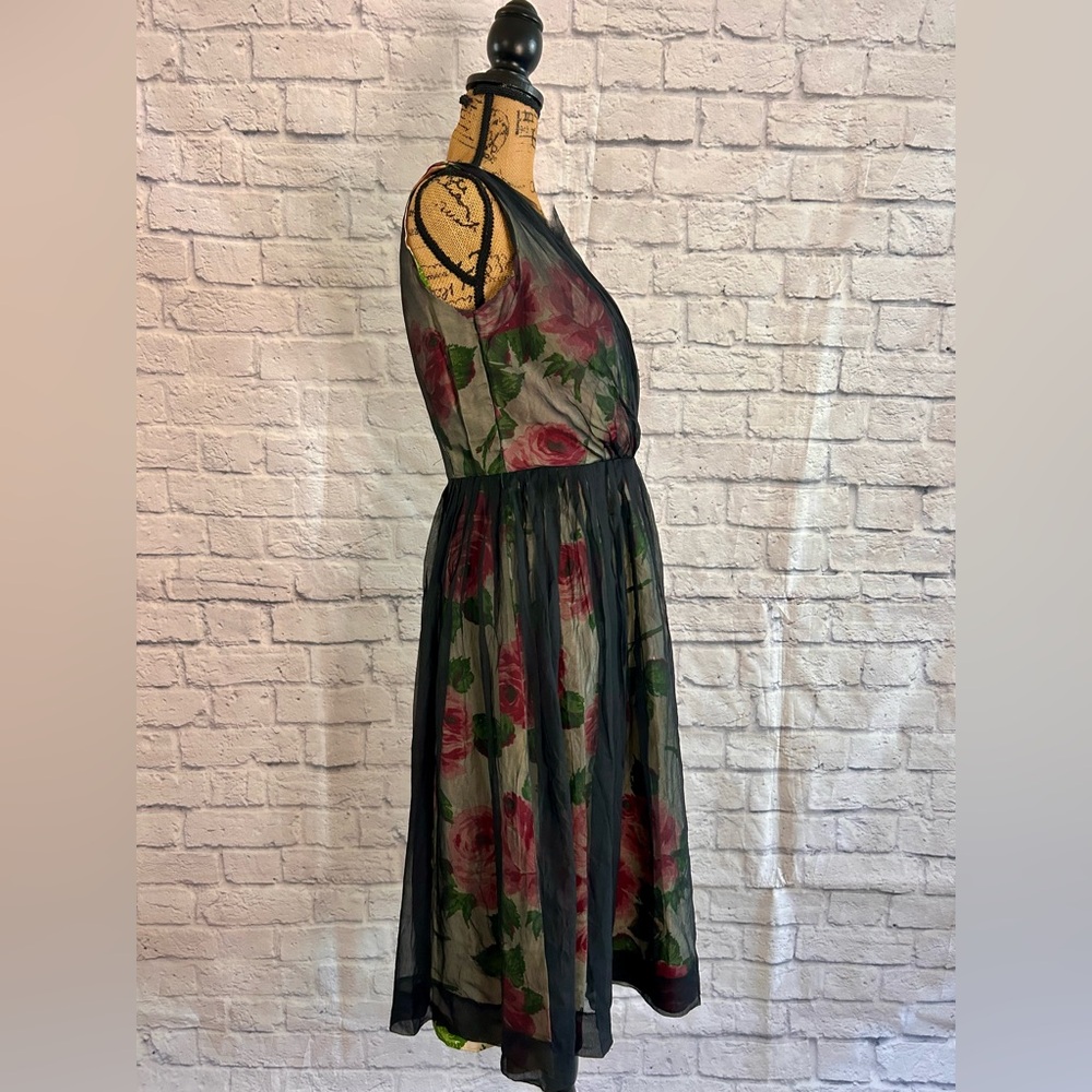 Vintage 50s Dress WOUNDED BIRD Black Pink Floral Midi Evening Formal Party Prom - Picture 9 of 17